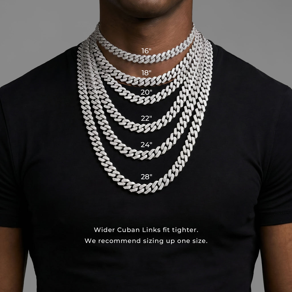 18mm Cuban link chain size guide showing 16 to 28 inch lengths