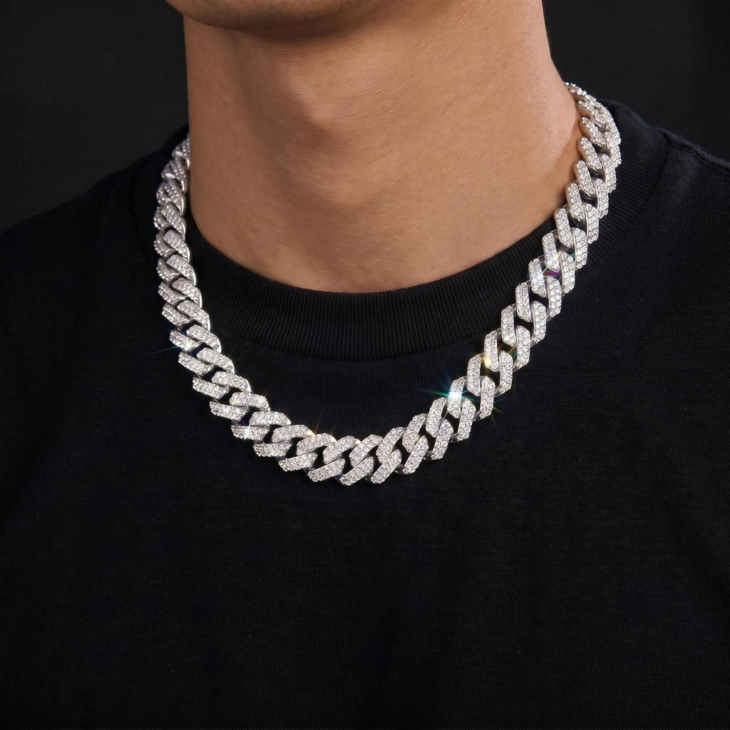 18mm iced out Cuban link chain worn on neck in white gold