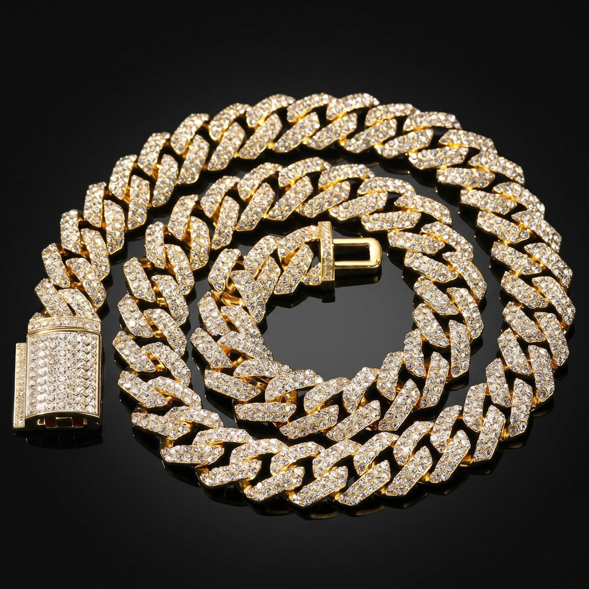18mm iced out Cuban link chain in yellow gold with VVS stones