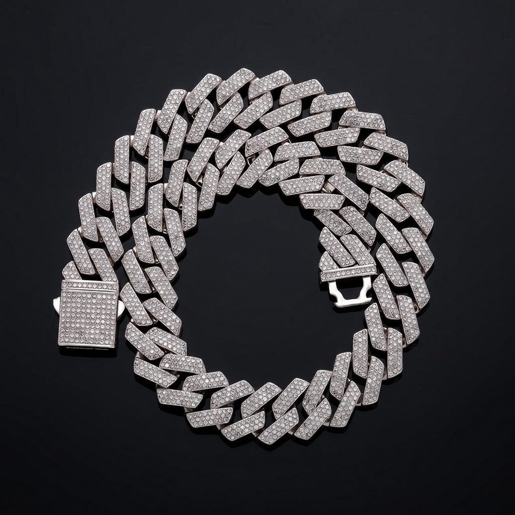 20mm iced out Cuban link chain in white gold with VVS stones