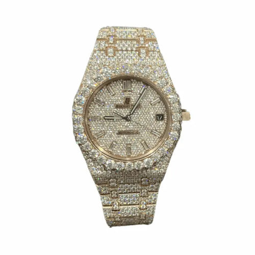 Audemars Piguet Royal Oak watch with iced-out VVS1 moissanite and rose gold finish, showcasing the bracelet and detailed dial.