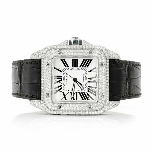Cartier Santos 100 Iced Out White Gold Leather Strap Vrayas & Co.