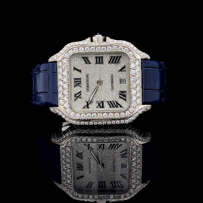 Cartier Santos Iced Out White Gold Leather Strap Vrayas & Co.
