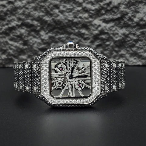 Cartier Santos Skeleton Iced Out White Gold Black Stones Vrayas & Co.