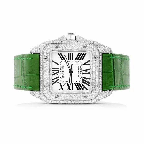 Cartier Santos 100 Iced Out White Gold Leather Strap Vrayas & Co.