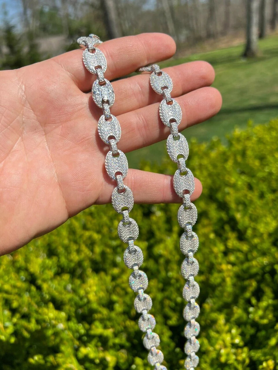 Full-length view of the custom iced out Gucci link chain