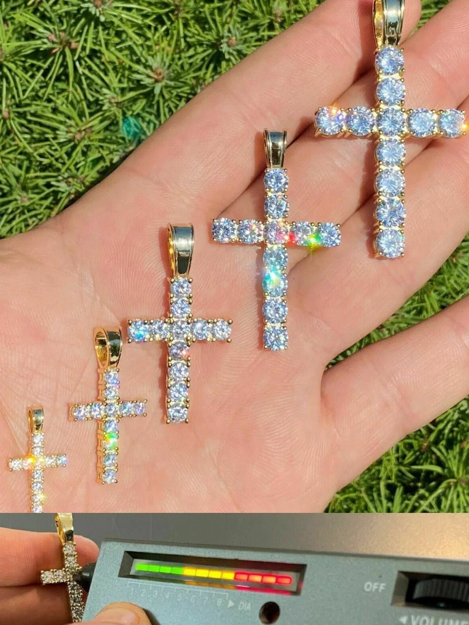 Close-up of iced out Jesus cross pendants with round stones