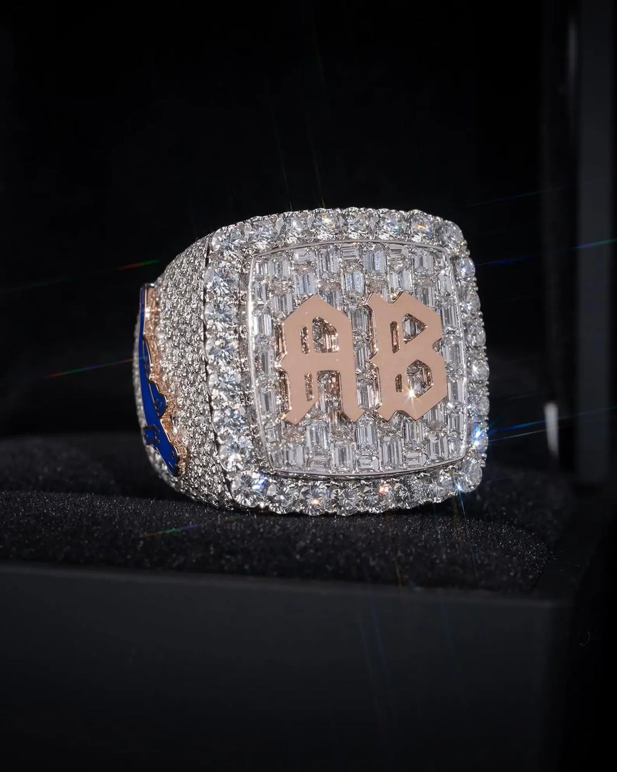 Custom double initial baguette and round stone statement ring